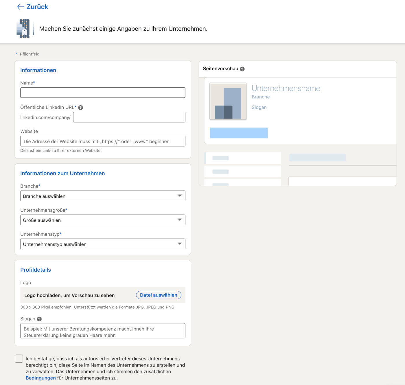 LinkedIn Unternehmensseite Formular