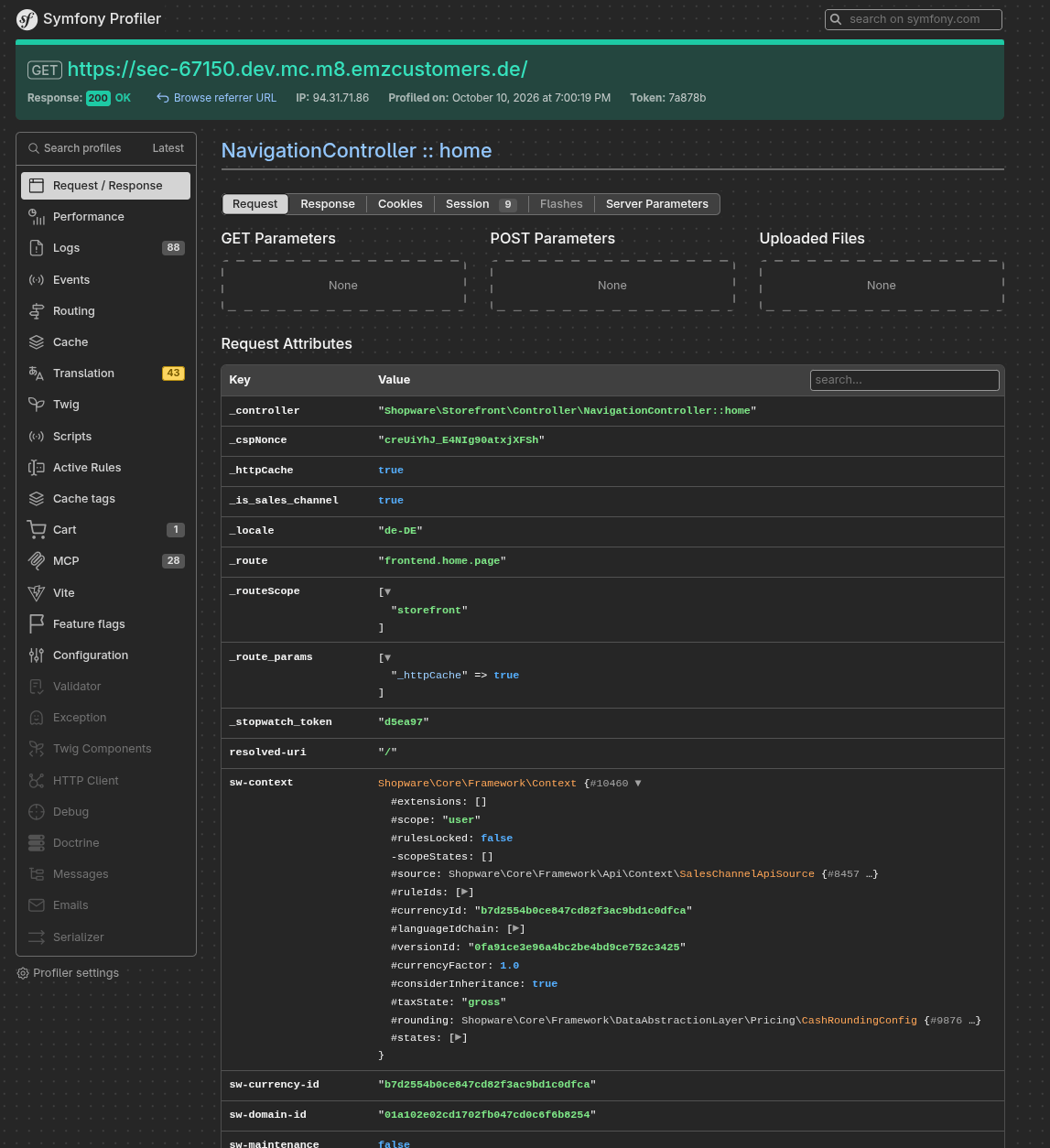 Screenshot der Symfony Debug Toolbar beziehungsweise des Profiler-Dashboards