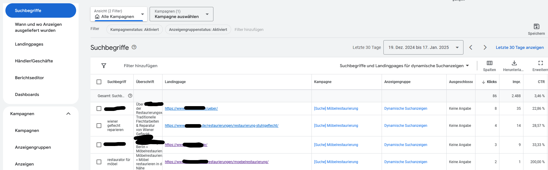 DSA Suchbegriffe und Landingpages auswerten