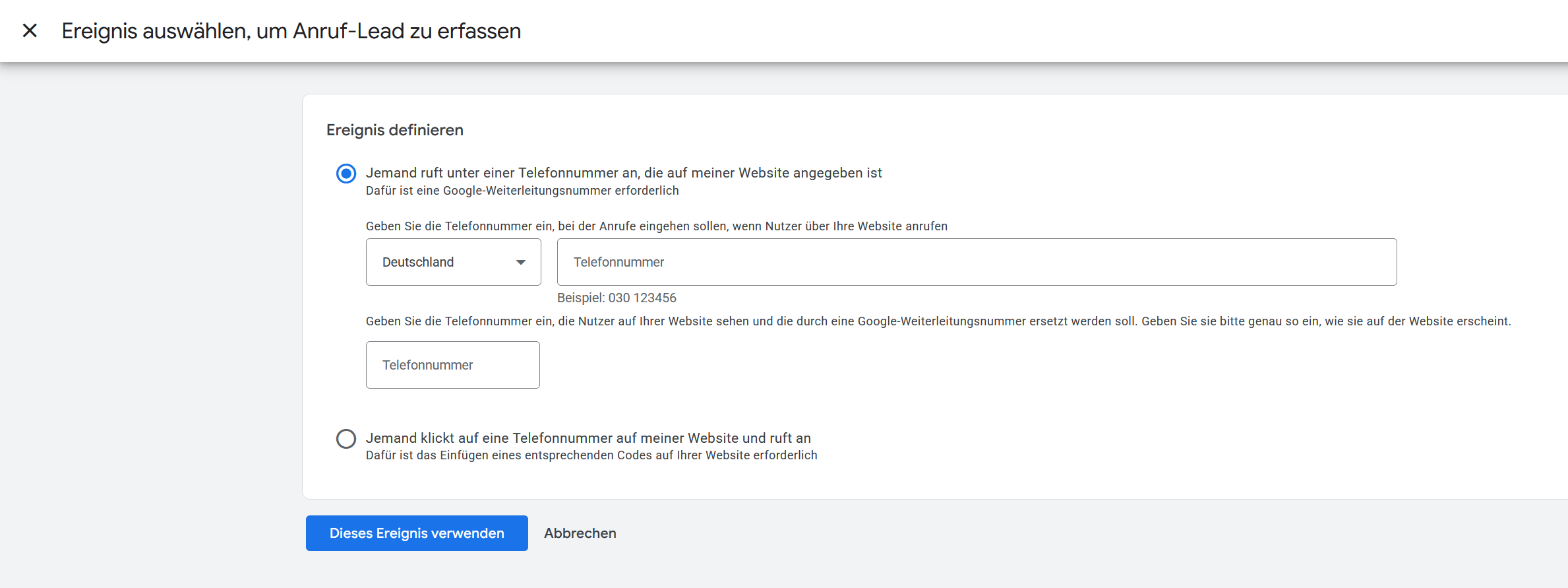Google Ads Anruf von einer Webseite