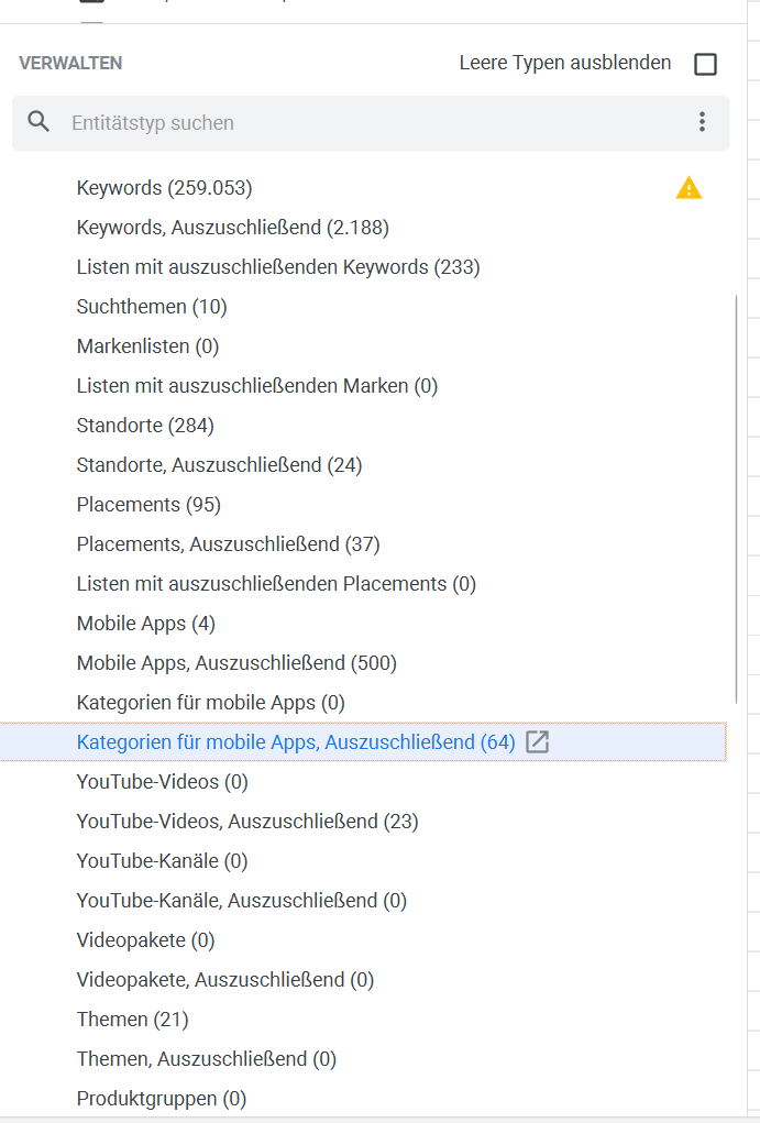 Google Ads Editor Apps ausschliessen