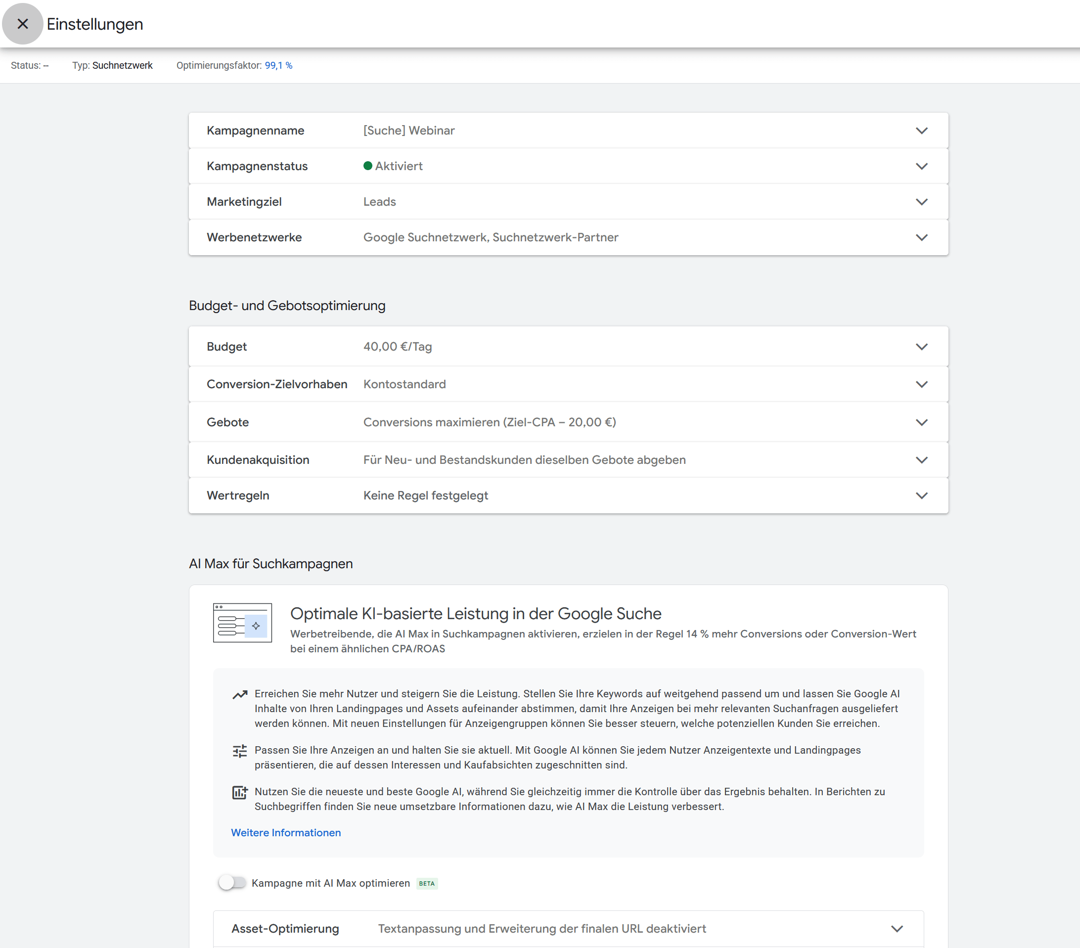 Google Ads Kampagneneinstellungen