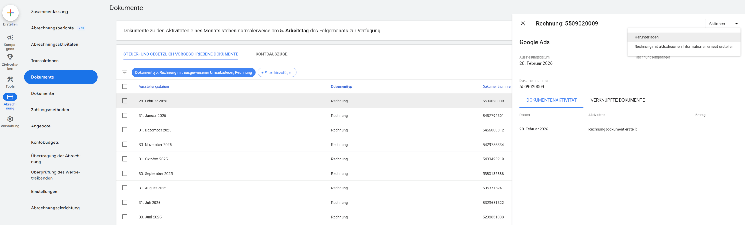 Google Ads Rechnungen herunterladen