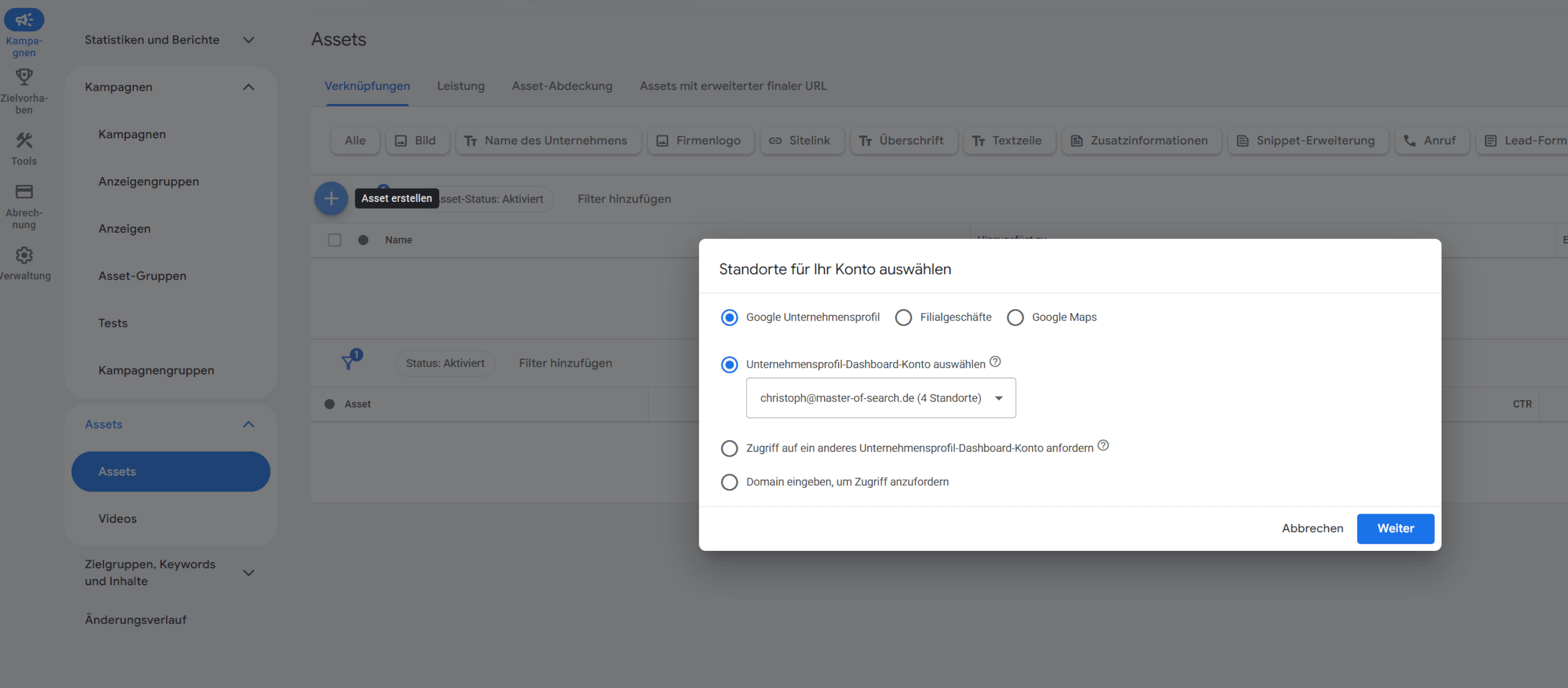 Google Ads Standorte aus Unternehmensprofilen hinzufuegen