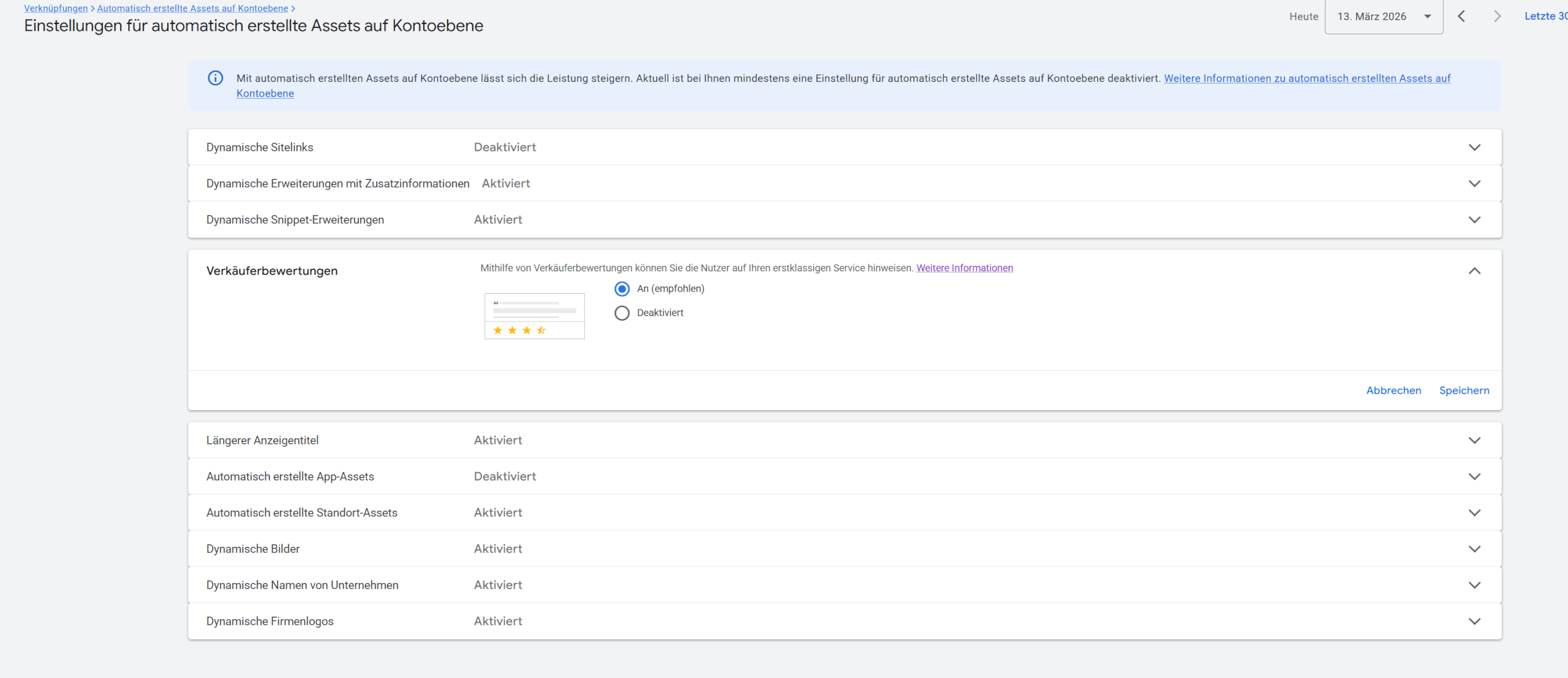 Google Ads dynamische Verkaeuferbewertungen deaktivieren