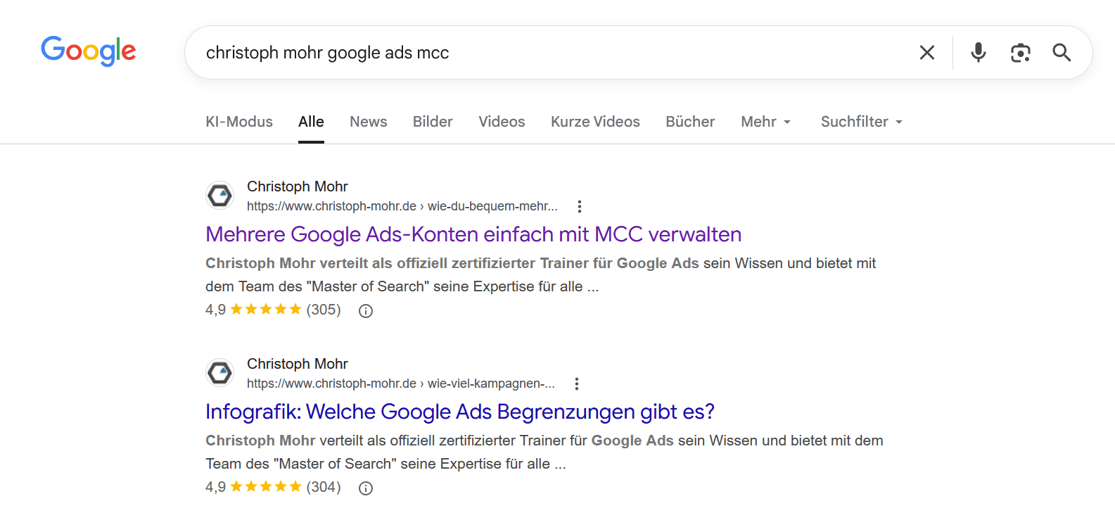Google Bewertungssterne in SEO Ergebnis