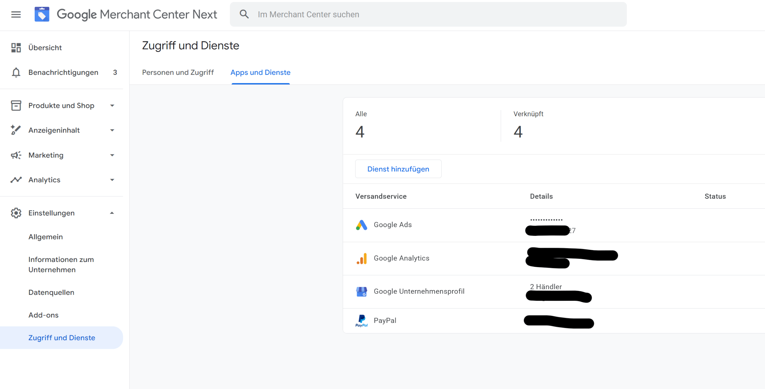 Google Merchant Center Apps und Dienste verknuepfen