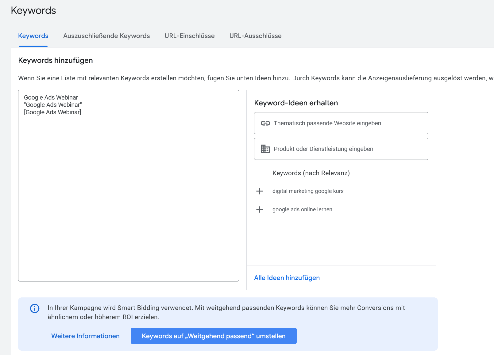 Keyword Optionen