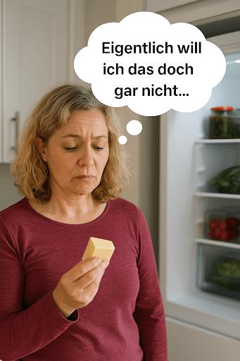 Eine nachdenklich blickende Frau Anfang 40 steht in der geöffneten Kühlschranktür ihrer Küche. In der Hand hält sie ein Stück Käse, während über ihrem Kopf eine Gedankenwolke schwebt mit dem Satz: „Eigentlich will ich das doch gar nicht …“. Die Szene zeigt emotionales Essen im Alltag – leise, vertraut und ehrlich.