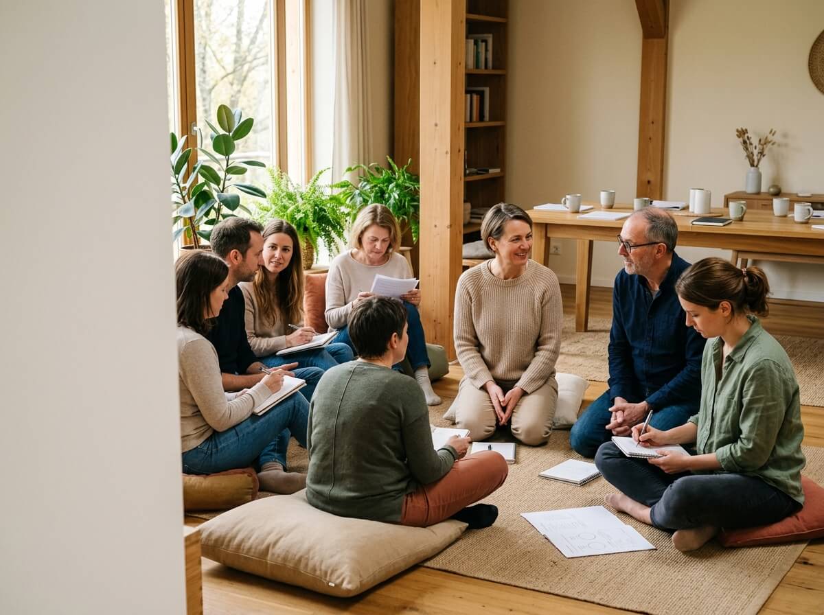 Kleine Gruppe reflektiert gemeinsam alte Muster in einem Seminarraum