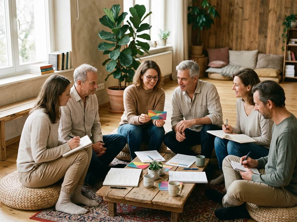 Kleine Gruppe arbeitet mit Karten und Reflexionsübungen in einer Coaching-Ausbildung