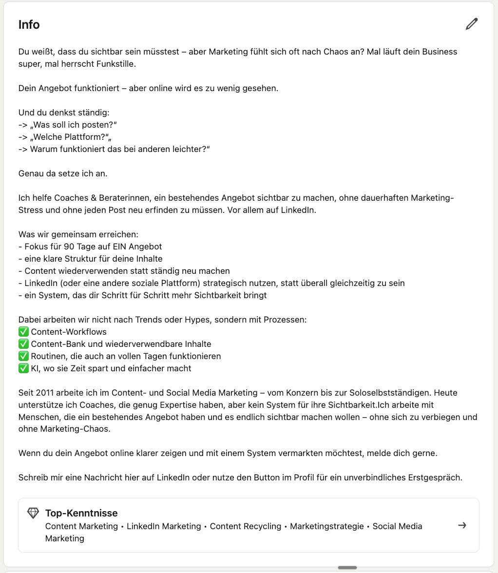 Screenshot Info ueber mich Linkedin