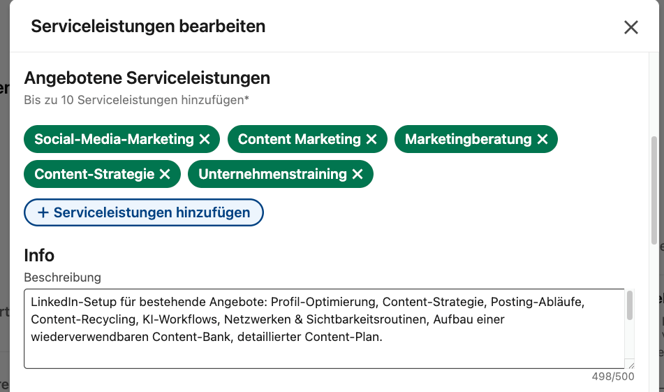 Screenshot Linkedin Serviceleistungen