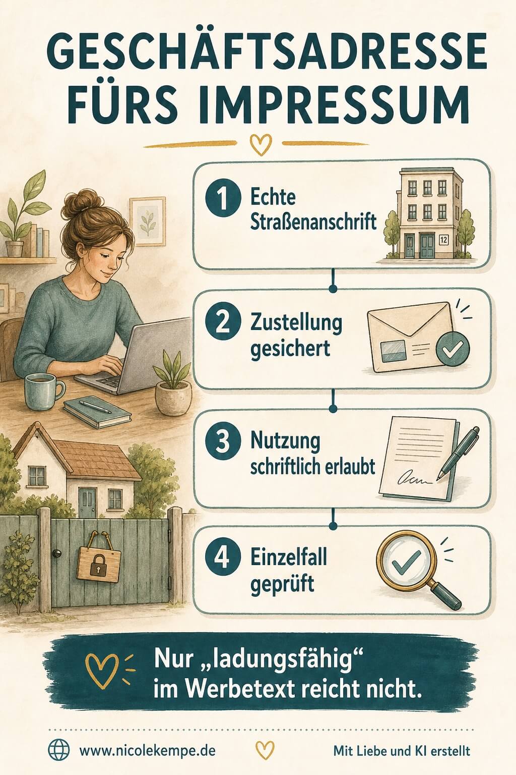 Vier Prüfpunkte für eine gemietete Geschäftsadresse im Impressum: echte Straßenanschrift, gesicherte Zustellung, schriftlich erlaubte Nutzung und Prüfung des Einzelfalls