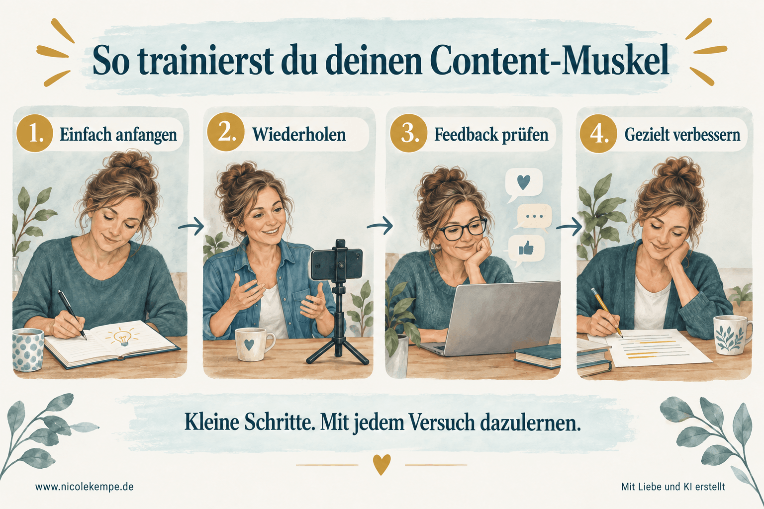 Vier Schritte beim Content-Erstellen: einfach anfangen, wiederholen, Feedback prüfen und gezielt verbessern.
