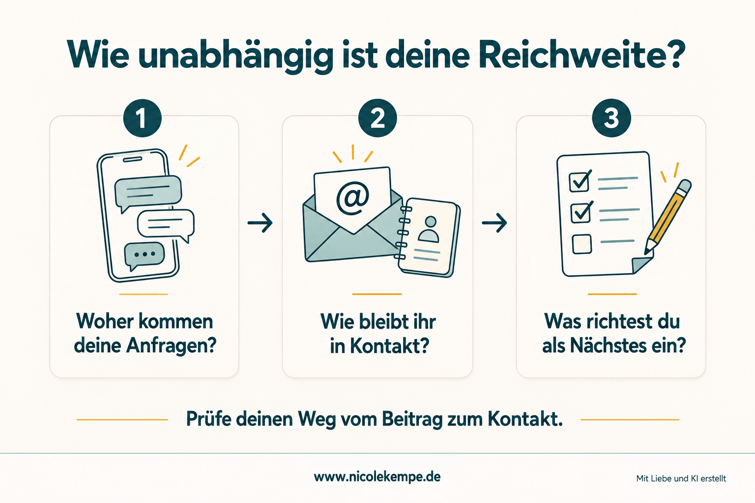 Selbstcheck zur eigenen Reichweite: Herkunft der Anfragen prüfen, Kontaktwege ansehen und den nächsten Schritt festlegen.