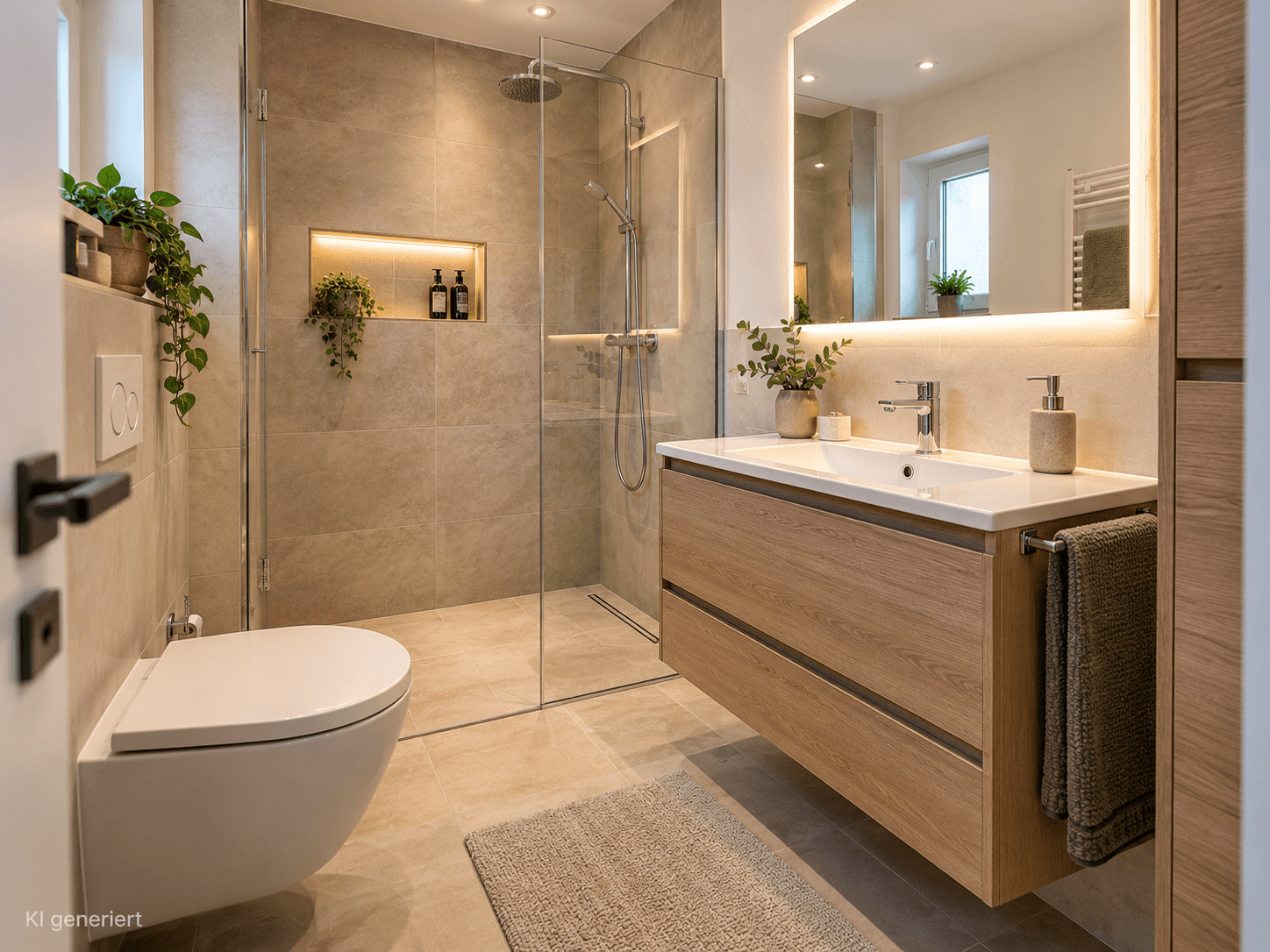 Modern gestaltetes kleines Badezimmer mit bodengleicher Dusche, hellen Fliesen, großem Spiegel und platzsparendem Waschtisch.