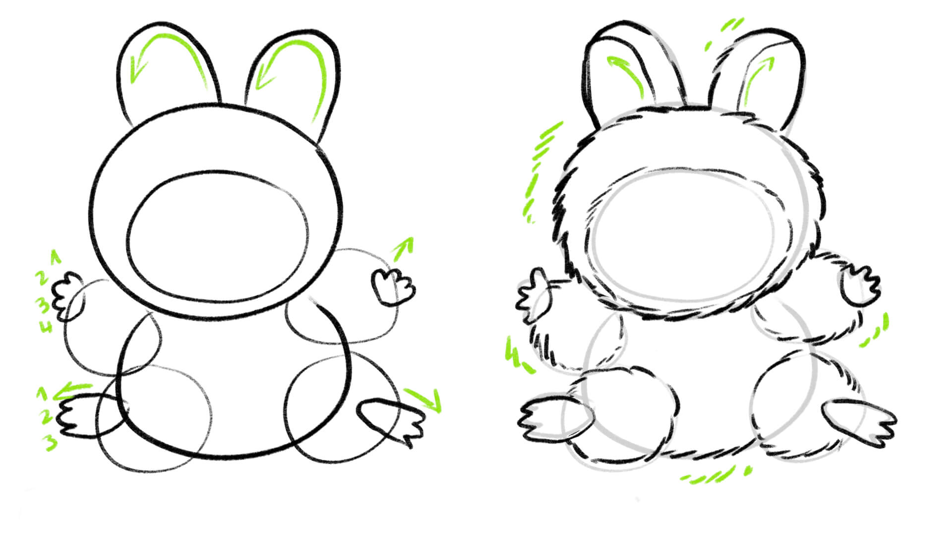 labubu zeichnen tutorial anleitung how to draw step by step anleitung anfaenger leicht maxim simonenko schritt 2 ohren haende fuesse fell 2