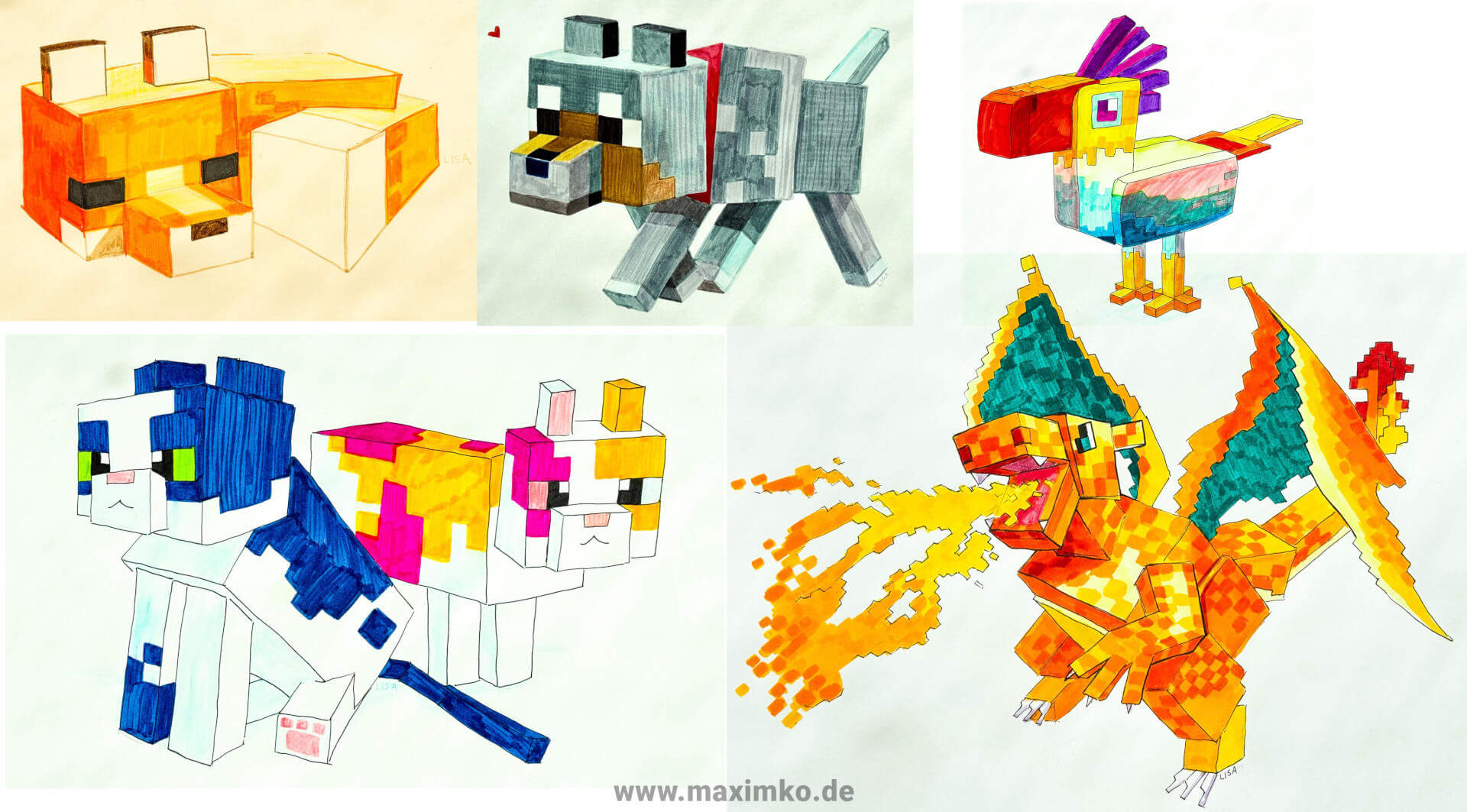 minecraft zeichnen lisa kersting tiere fuchs pokemon drache dragoran wolf katze vogel tutorial schritt anleitung how to draw zusammenstellung banner maxim simonenko