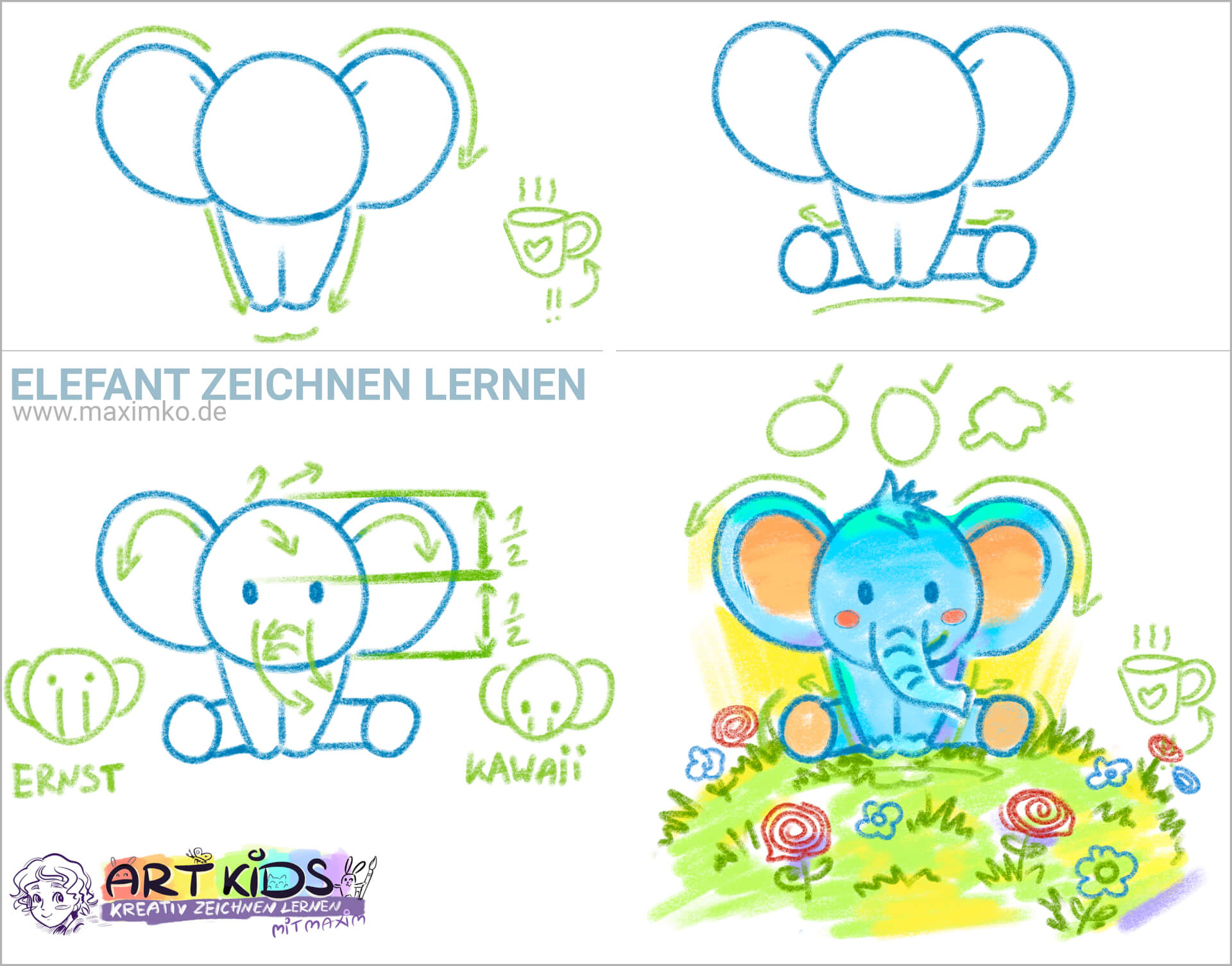 tiere zeichnen lernen elefant einfach kind eltern kawaii online zeichenkurs tutorial stepbystep elephant maxim simonenko