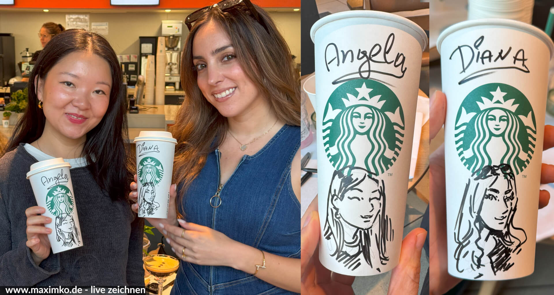 porträts zeichnen auf tassen cupart starbucks live schnellzeichner karikatur berlin influenzer foto maxim simonenko