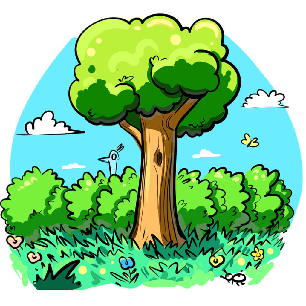 bäume, büsche, gras und wolken zeichnen lernen sonniger tag manga zeichenkurs kinder ganz einfach