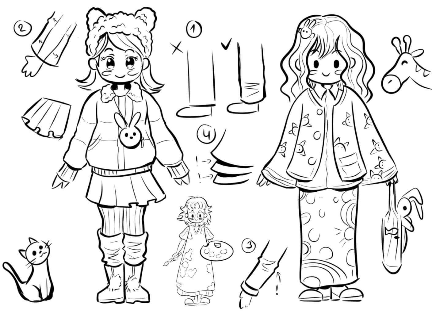 zeichnen lernen für kinder ausmalen chibi manga früchte apfel erdbeere zeichenkurs maxim simonenko katze ausmalbild