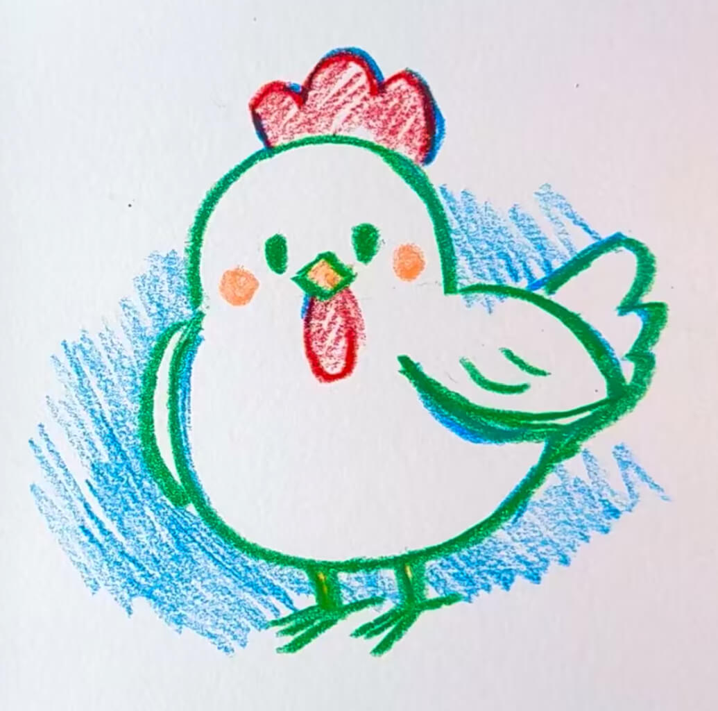 Süßes Huhn im Kawaii-Stil mit Wachskreide zeichnen – Kleinkind-gerecht