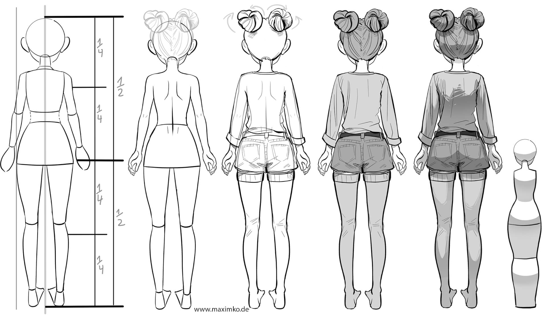 Schritt-für-Schritt Anleitung: Kawaii Manga Mädchen von hinten zeichnen. Konstruktion, Base-Colo und Schattierung mit Fokus auf Fallschatten und Licht-Treppe.