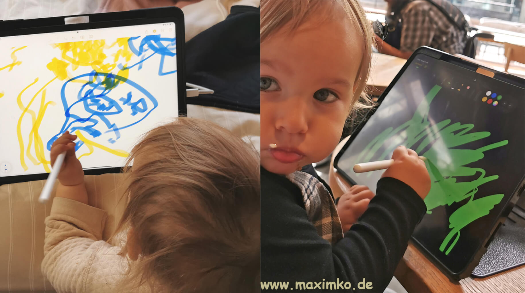 Zweiteilige Collage: Kleinkind zeichnet mit einem Apple Pencil auf einem iPad im Hotelbett und an einem Cafétisch.