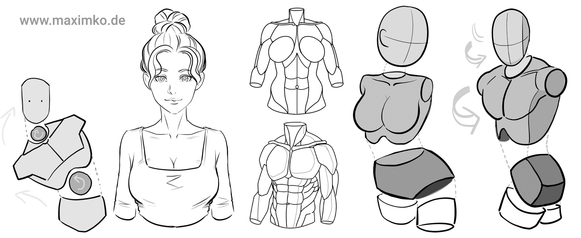 Manga Zeichen-Tutorial: Dynamische und verdrehte Posen eines männlichen und weiblichen Körpers als Gliederpuppen zur Übung von Dreidimensionalität.