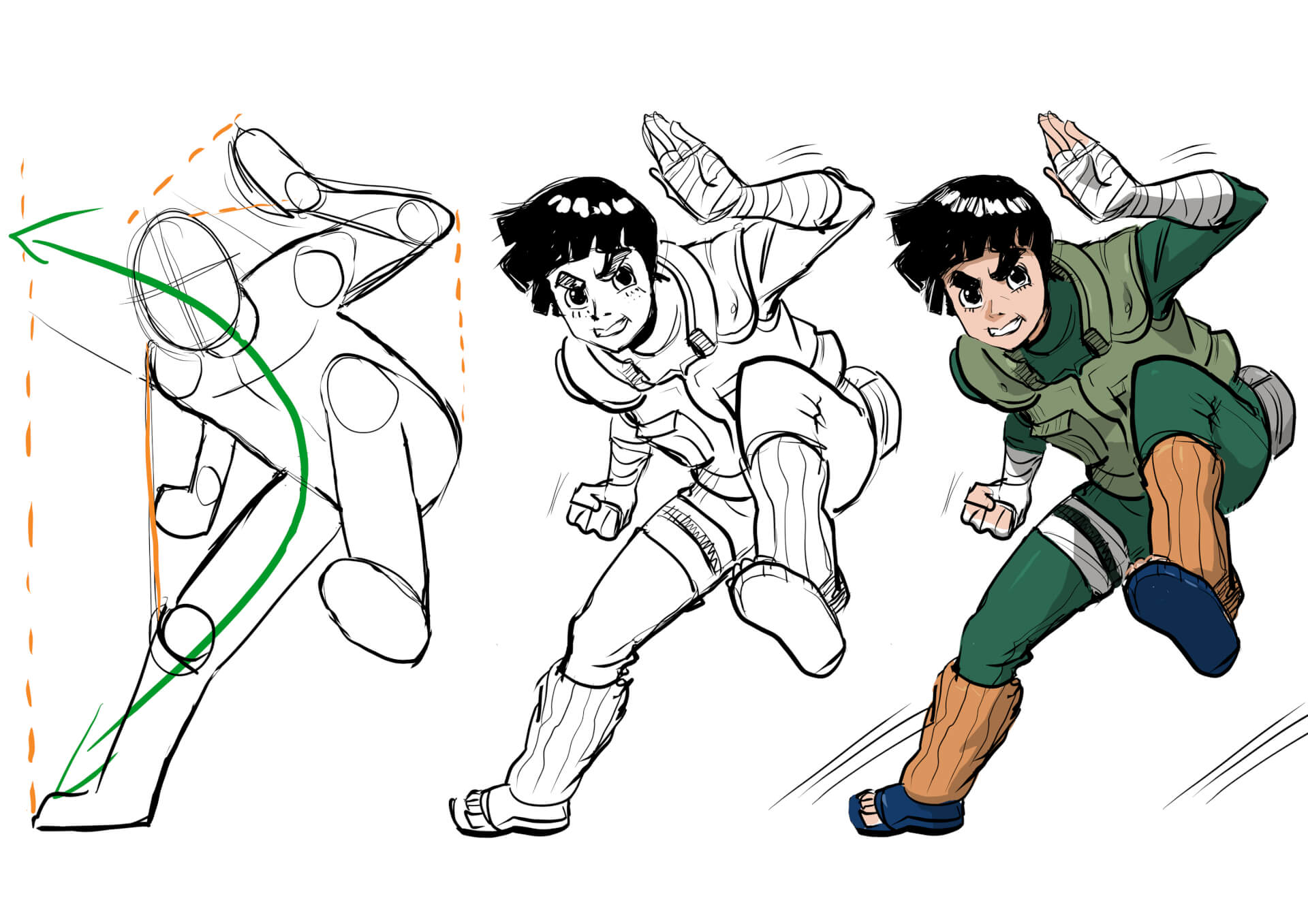 Manga Körper zeichnen lernen: Anleitung in 3 Schritten von der Action Line bis zur fertigen Rock Lee Figur.