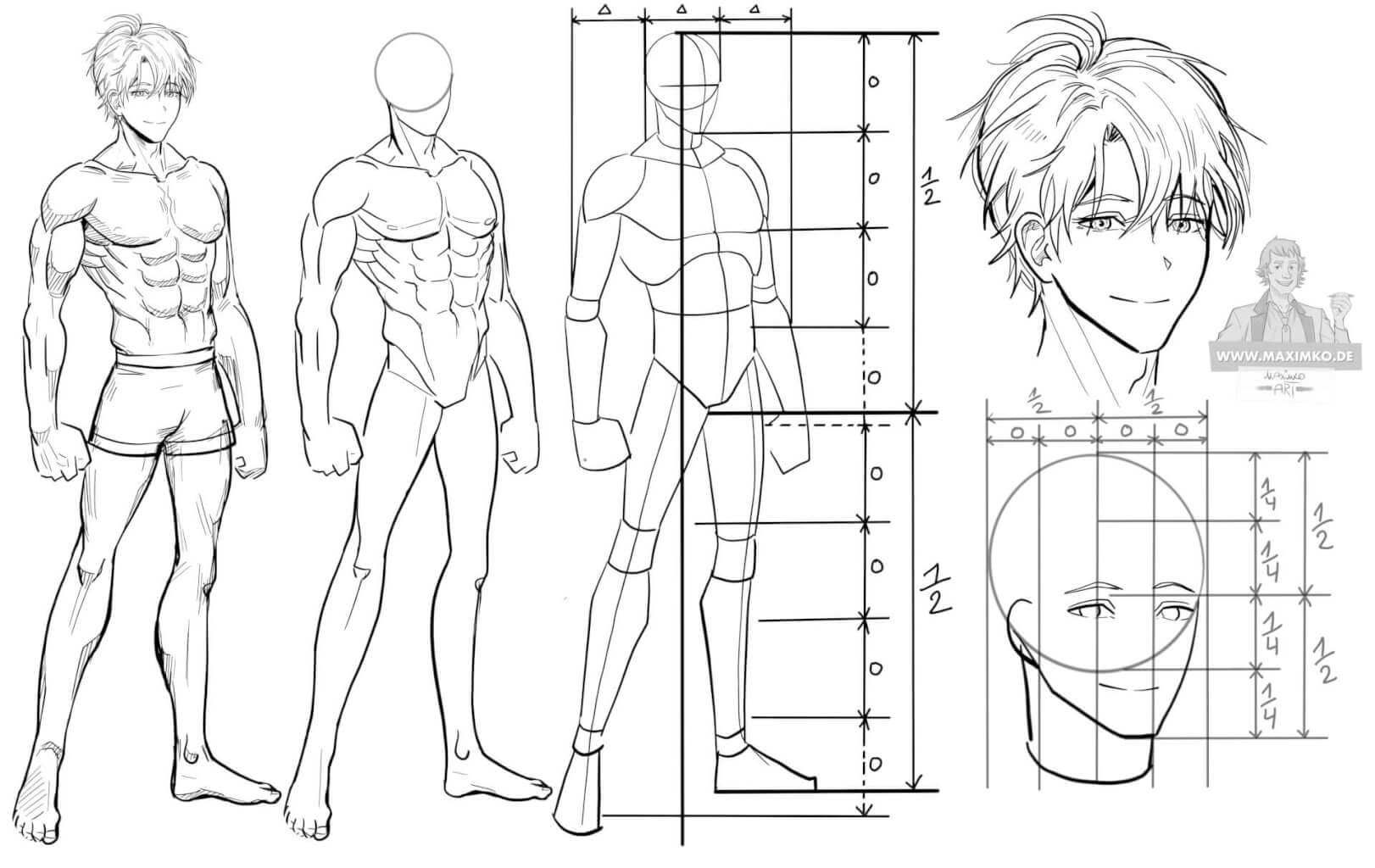 Manga Anatomie Tutorial: Konstruktion eines muskulösen Bishonen-Charakters in der 3/4 Ansicht mit Fokus auf Oberkörper-Muskulatur