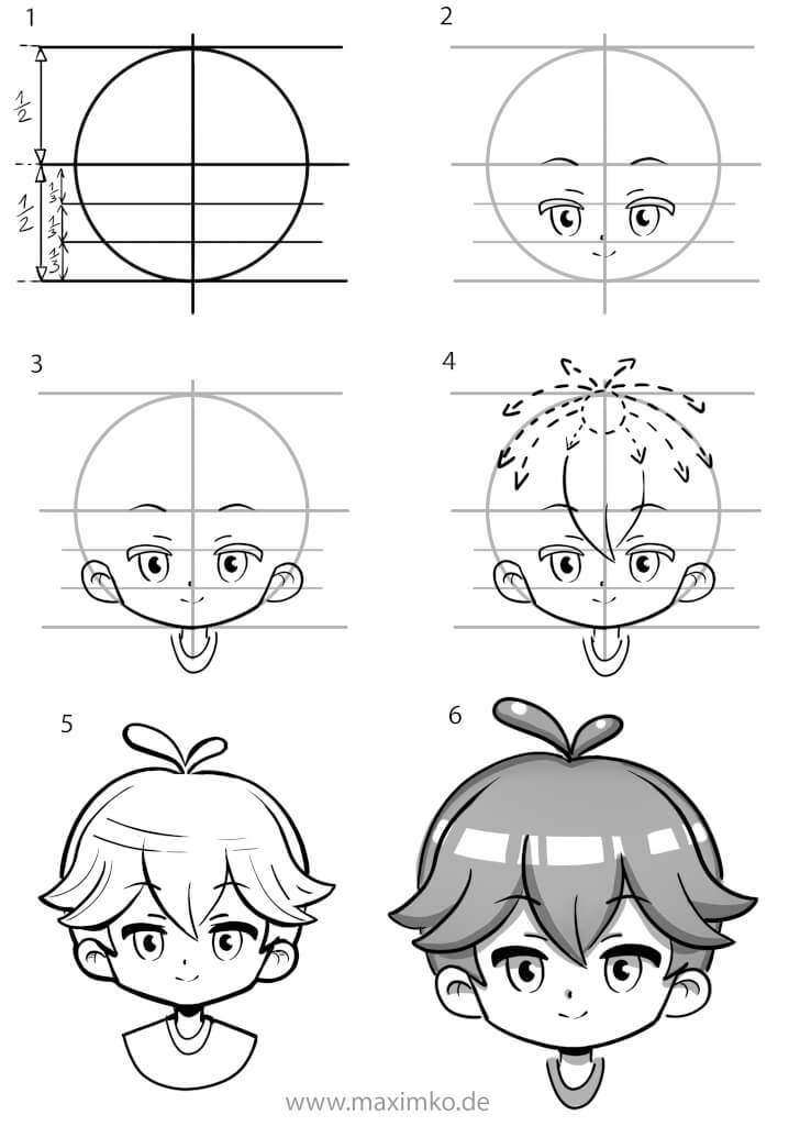 Schritt-für-Schritt Anleitung: Chibi Junge zeichnen lernen. Von der Kreis-Konstruktion über die Gesichtsproportionen bis hin zur Schattierung und Lichtreflexen im Haar.