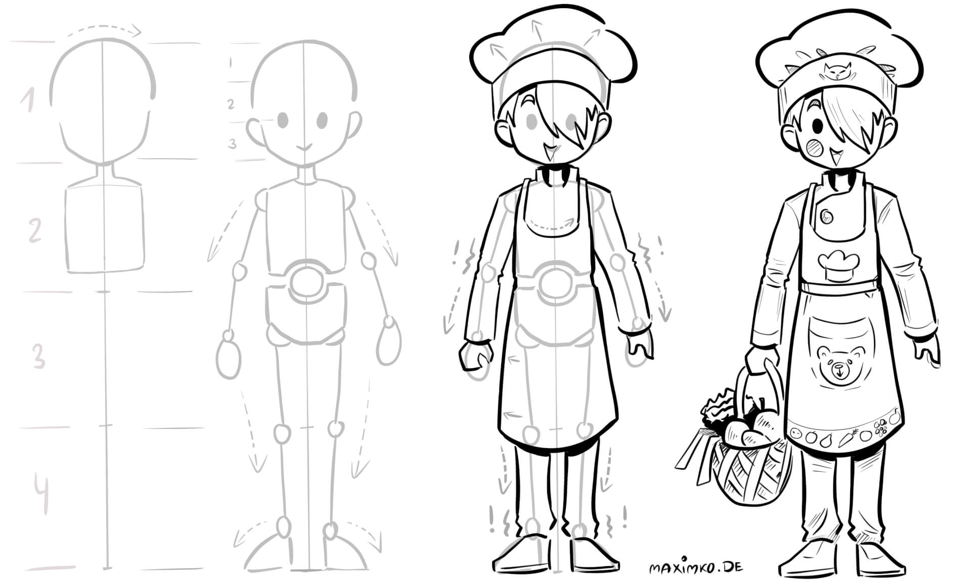 Schritt-für-Schritt Anleitung: Vereinfachte Konstruktion eines Manga Chibi Jungen im Koch-Outfit für Anfänger