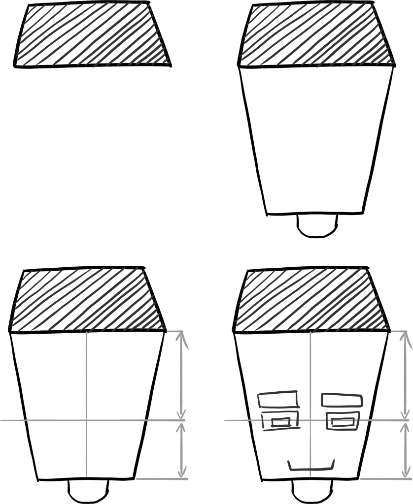 Anleitung: Manga Gesicht von oben zeichnen (Vogelperspektive). 4-Schritte-Konstruktion mit einem Robo-Block zur Darstellung der Kopf-Oberseite.