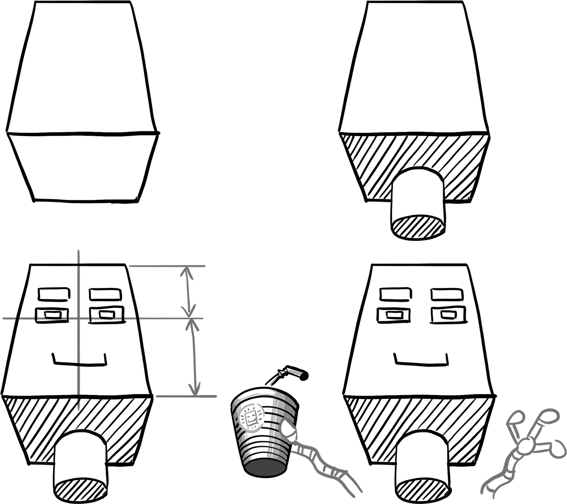 Anleitung: Manga Gesicht von unten zeichnen (Froschperspektive). 4-Schritte-Konstruktion mit einem Robo-Block zur Verdeutlichung der Flächen.
