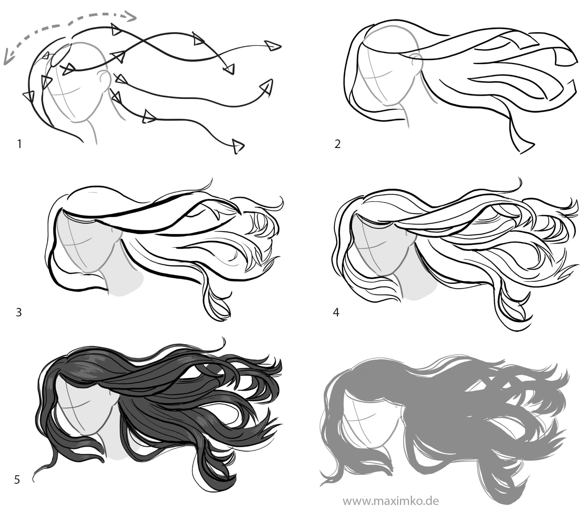 Schritt-für-Schritt Anleitung: Lange Manga-Haare im Wind zeichnen. Von der Grundform (Shape) über überlappende Strähnen bis zur finalen Schattierung. 