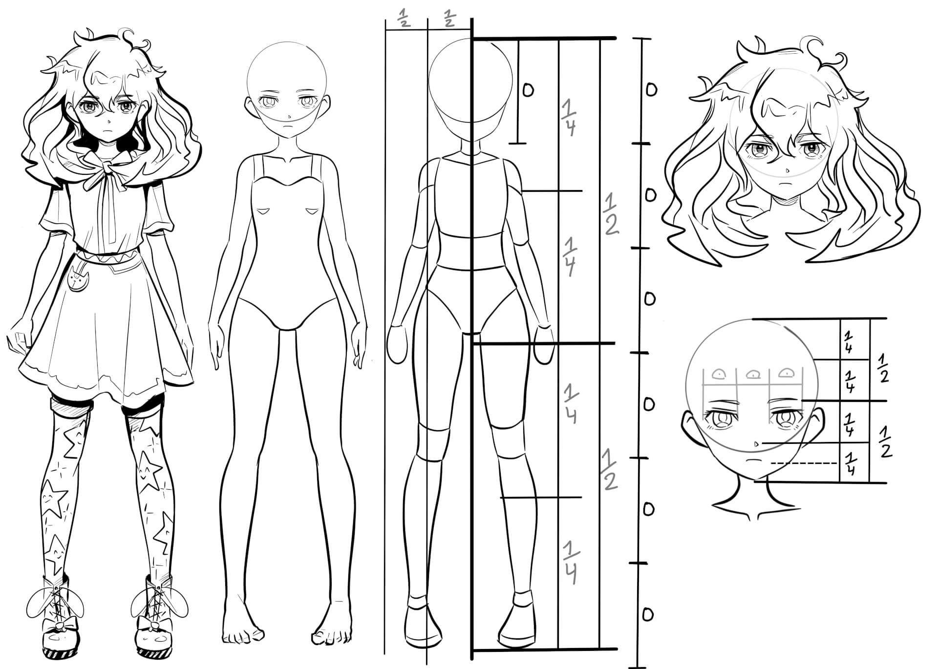 Profi-Anleitung zur Manga-Konstruktion: Ganzkörper-Ansicht eines Anime Mädchens und detailliertes Schema der Kopf-Proportionen.