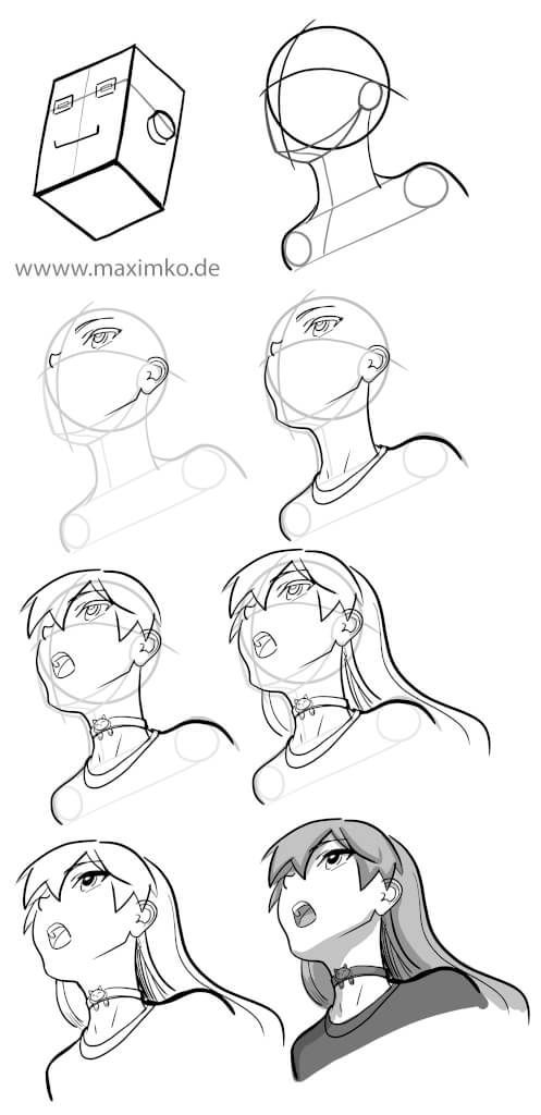 7-Schritte-Anleitung: Manga Mädchen in der 3/4-Ansicht von unten zeichnen. Inklusive Robo-Kun Konstruktion, Graustufen-Schattierung und perspektivischer Verkürzung.
