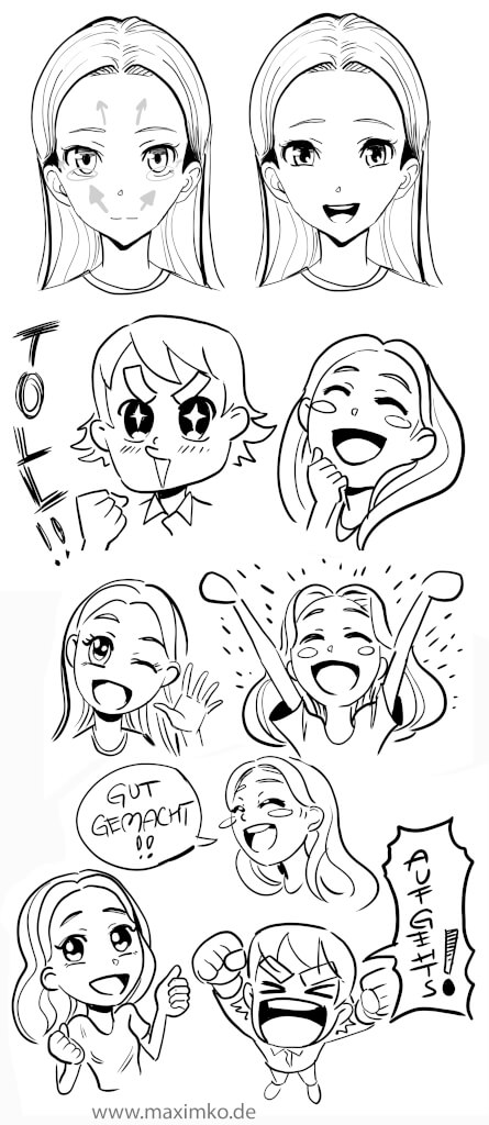 Manga Mimik Tutorial: Vergleich neutraler Gesichtsausdruck vs. Lächeln. Anatomie der Augenbrauen, Augenlider und Mundwinkel beim Lachen inkl. Chibi-Gestik. 