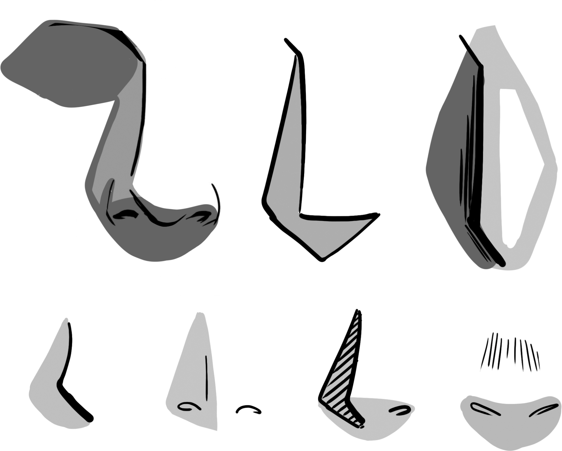 Tutorial: 7 verschiedene Manga-Nasen-Stile im Vergleich. Darstellung von einfacher Nasenlinie bis zur detaillierten Schattierung basierend auf realistischer Anatomie.