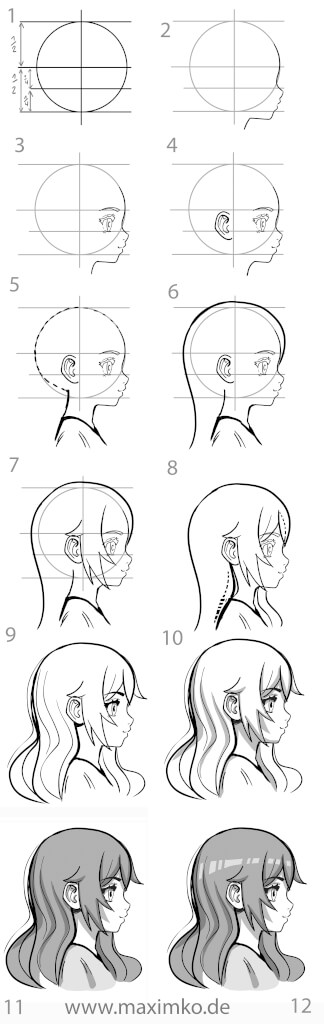 Schritt-für-Schritt Anleitung für ein Shojo Manga Gesicht in der Seitenansicht von Maxim Simonenko.