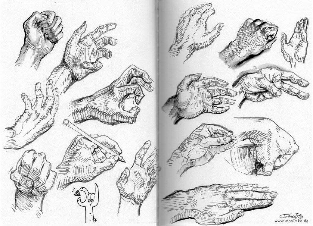 Blick in Maxims Skizzenbuch: Eine Doppelseite voller realistisch schattierter Hand-Studien zur Übung von Anatomie und Posen.