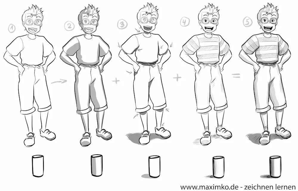 Manga-Tutorial zur Schattierung einer Anime Figur in 5 Schritten: Vom Schlagschatten, Formschatten bis zum fertigen Rendering.