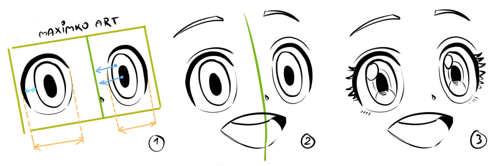 Schritt für Schritt Anleitung: Chibi Manga Augen zeichnen in 3/4 Perspektive mit freudigem Ausdruck in drei Schritten
