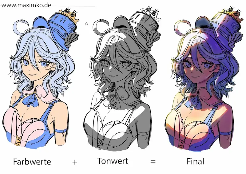 Manga zeichnen lernen Tutorial: Wie man digital einen Charakter koloriert und dabei Farbwerte und Tonwerte unterscheidet