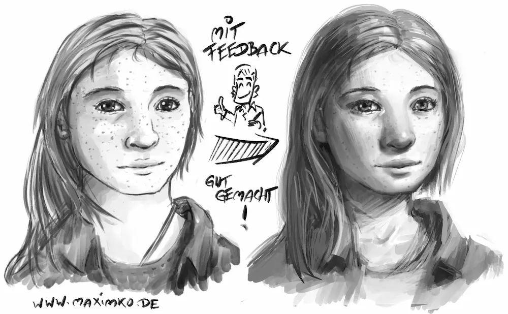 Feedback von Maxim zu einem digitalen Portrait einer Teilnehmerin, Tipps und die deutliche Verbesserung