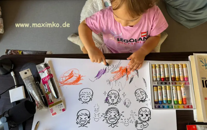 Kleinkind malt begeistert über die Zeichnung des Vaters – gemeinsames Zeichnen als Familienritual