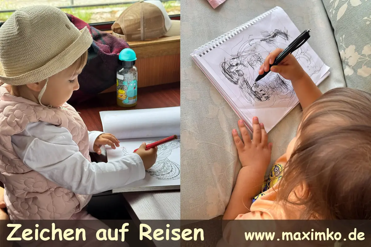 Collage: Zweijähriges Kind zeichnet konzentriert mit Stiften am Tisch im Hotelzimmer und am Tisch im Zug während einer Reise.